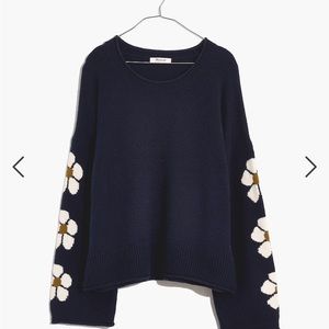 Belmore Floral-Sleeve Pullover Sweater in Coziest Textured Yarn
